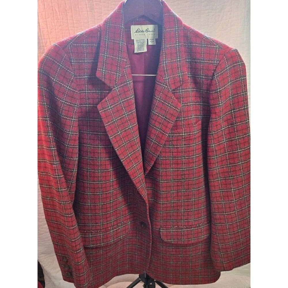 Eddie Bauer Womens 100% Wool Red Plaid Blazer Suit Jacket Profesional Officesz s
